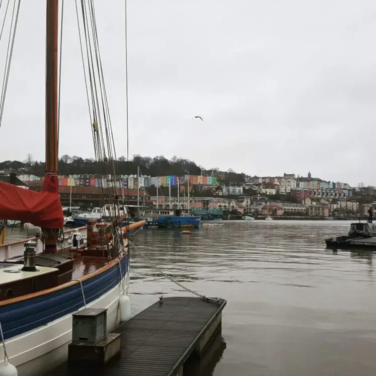 Bristol's Spike Island Harbour with views of Hotwells' colourful houses