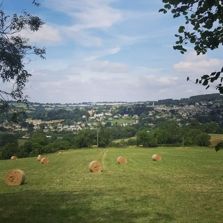 View of Bisley village from Cotswold hills